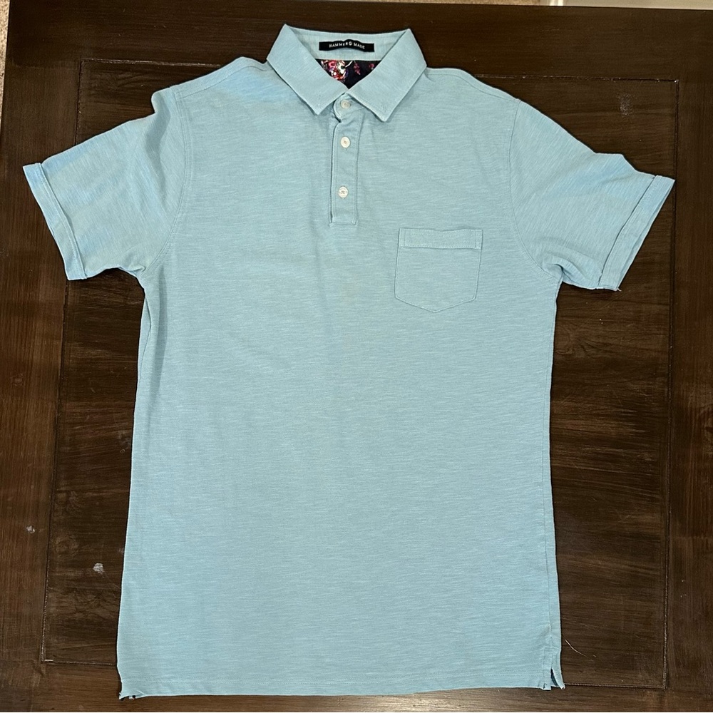 Hammer Made Blue Polo Shirt Small Floral Lined Collar Casual Modern Summer